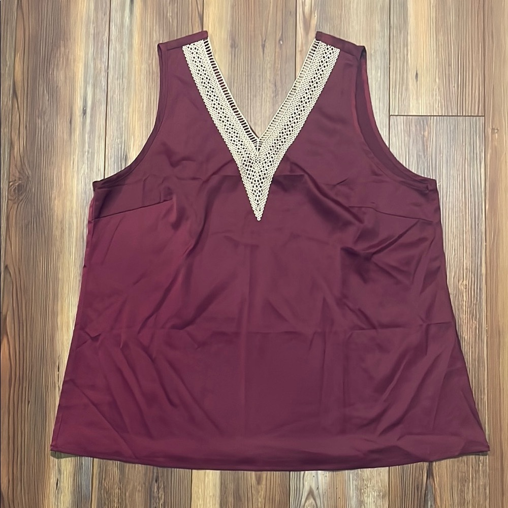 Women’s Wine Plunge Neckline with Cream Embroidery Detail Sleeveless Tank Top